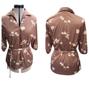 Vintage 1970s Floral Blouse Womens Medium Light Brown, Cream Popover Bow Belt